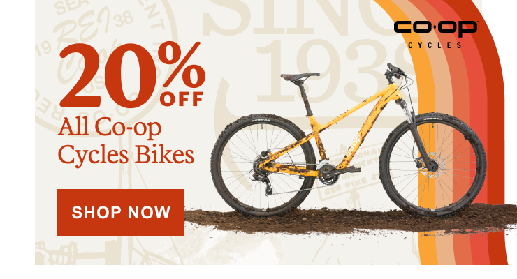 REI Co-op cycle. Headline: 20% OFF All Co-op Cycles Bikes. Click here to SHOP NOW