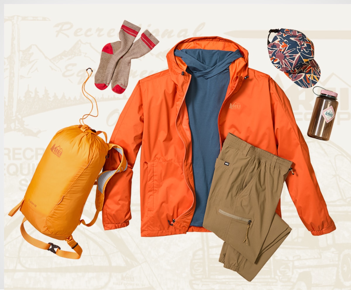 A collage of R E I Co-op brand clothing & gear.