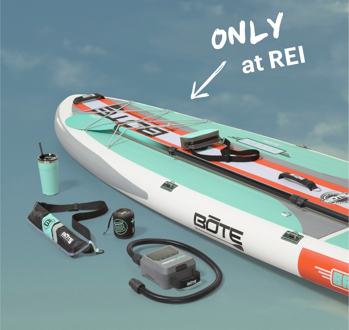 Only at R E I. The BOTE Breeze Aero BLOOM paddle board and a few matching accessories.