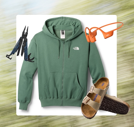 North Face zip-up jacket, Birkenstock sandals, Shokz headphones, and a Leatherman multi-tool over an image of trees.