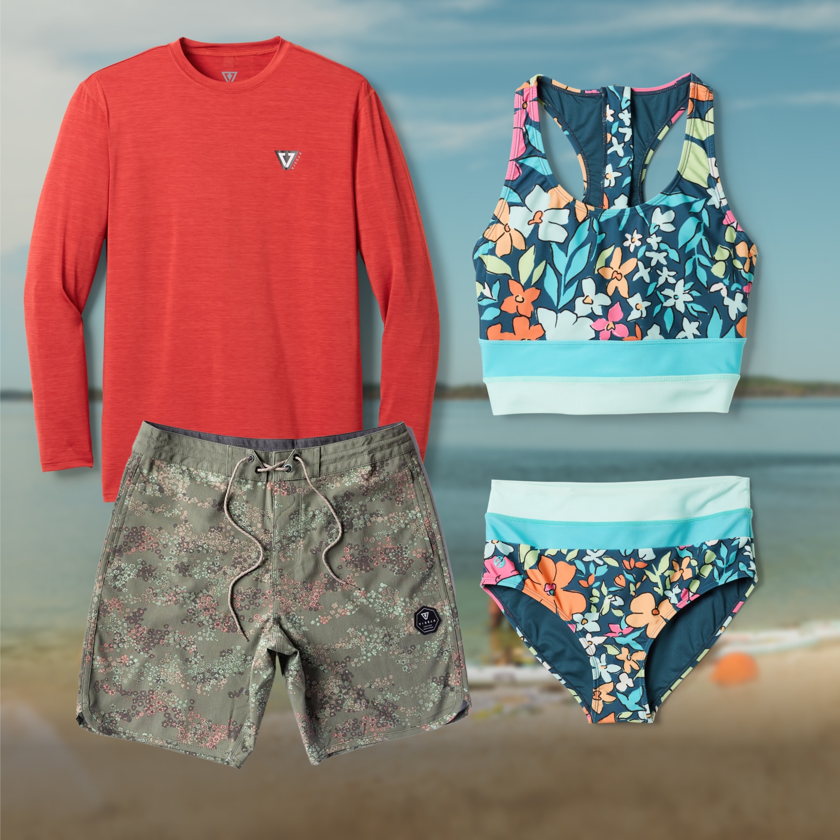 Summer clothing & swimwear over an image of a lake.