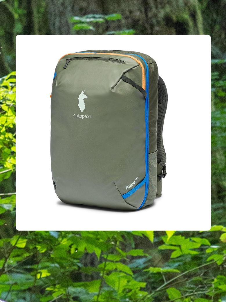 A Cotopaxi pack over an image of green leaves.