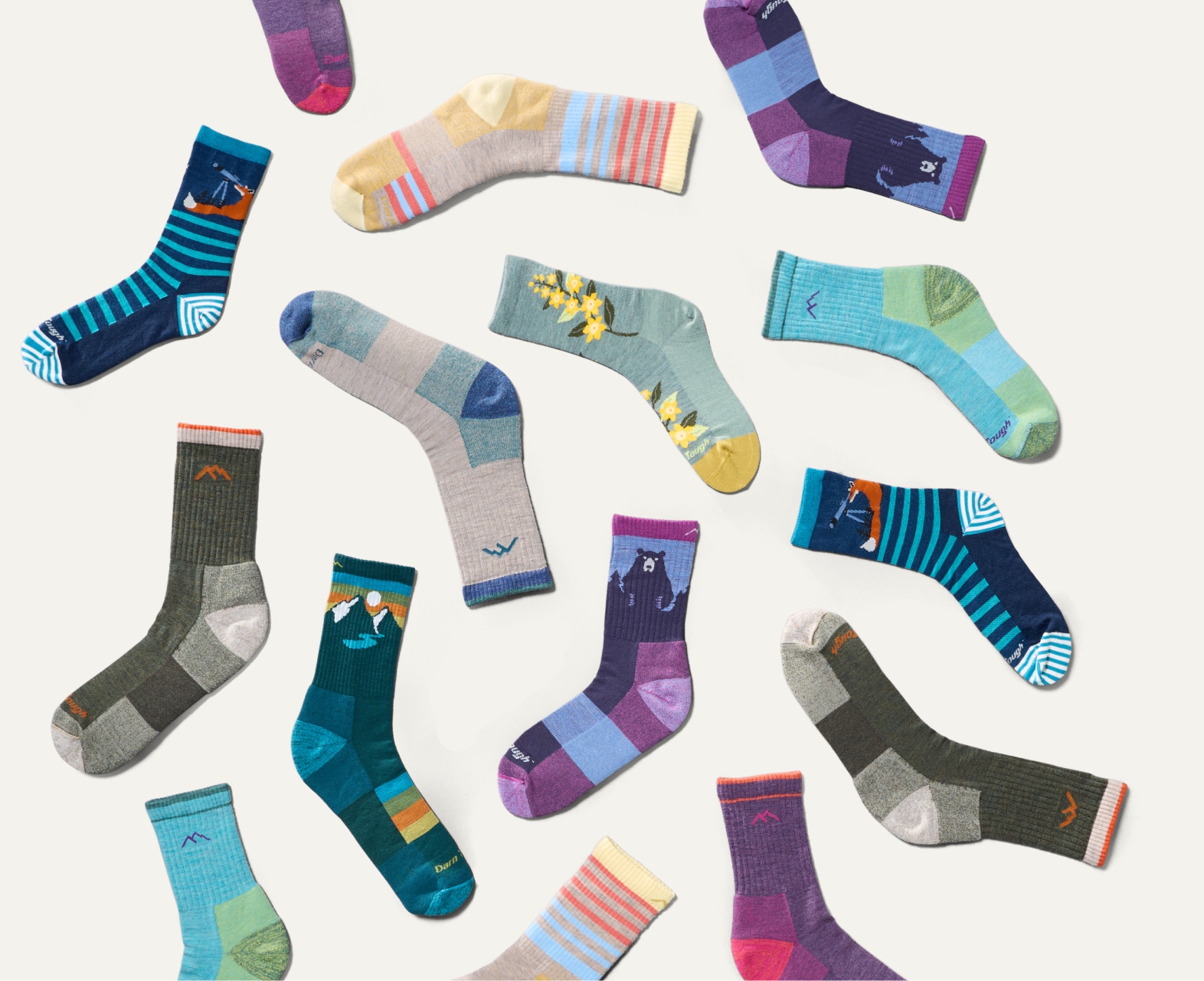 A collage of colorful patterned socks.