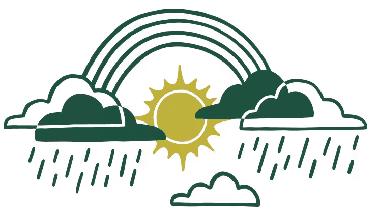 A simple illustration of a rainbow connecting two clusters of rain clouds, with the sun visible behind them.