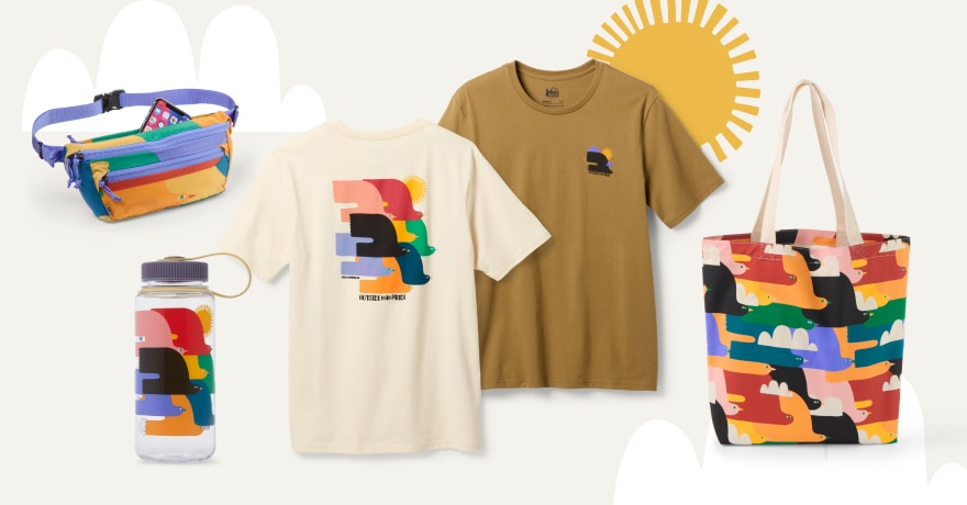 A collage of clothing and gear from our 2025 Pride collection in collaboration with Lisa Congdon.
