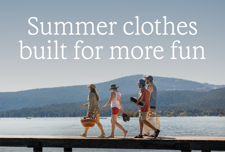 Group of friends walk down a long dock together. Headline: Summer clothes built for more fun