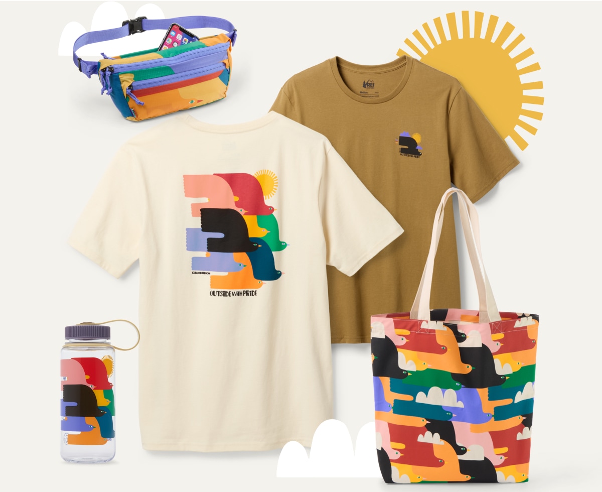A collage of clothing & gear from our 2025 Pride collection in collaboration with Lisa Congdon.