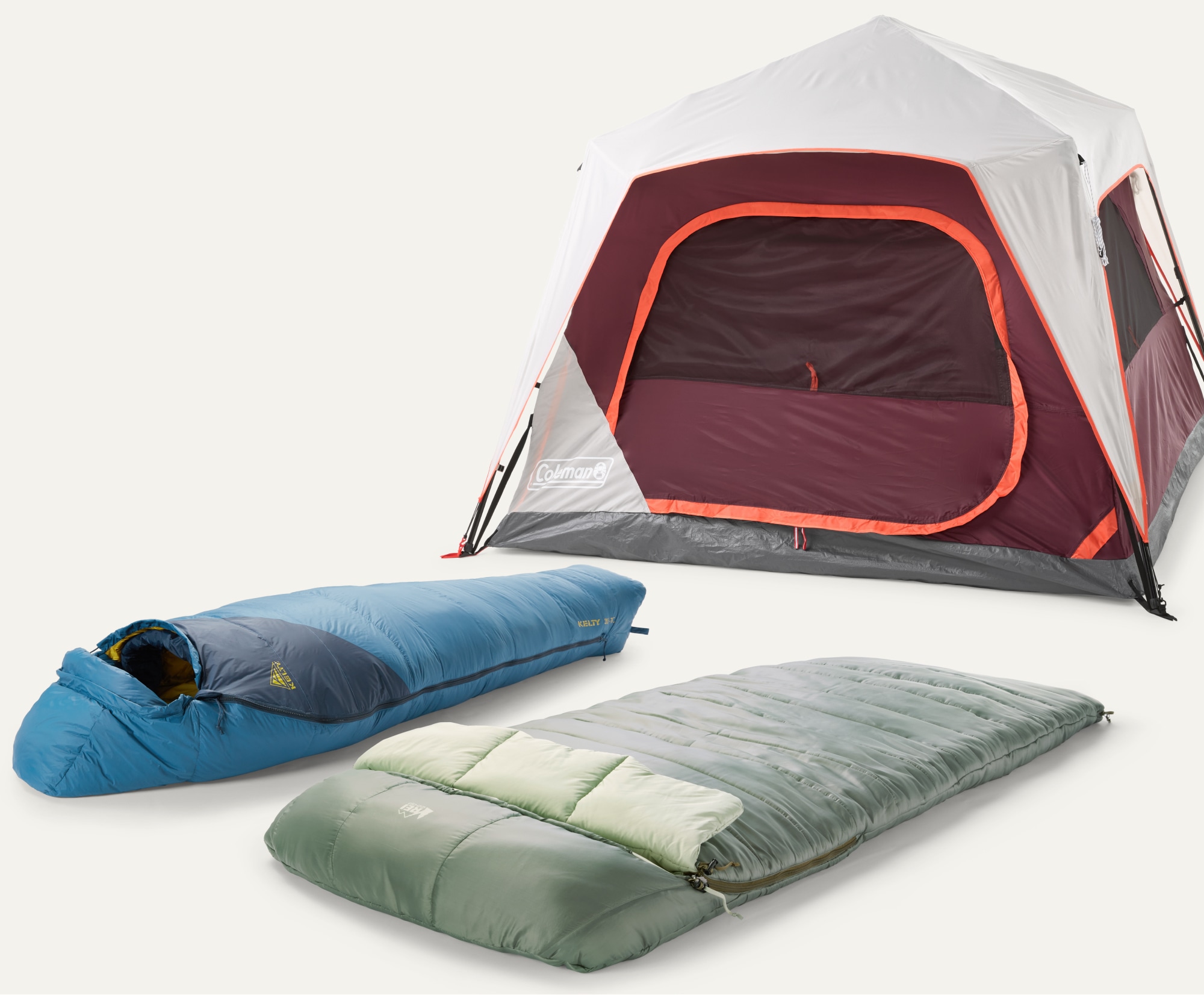 A tent & two sleeping bags.