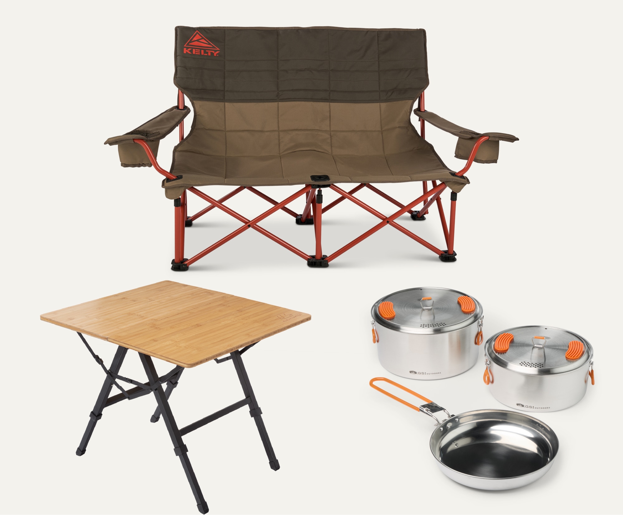 A camp chair, table, & cookware.
