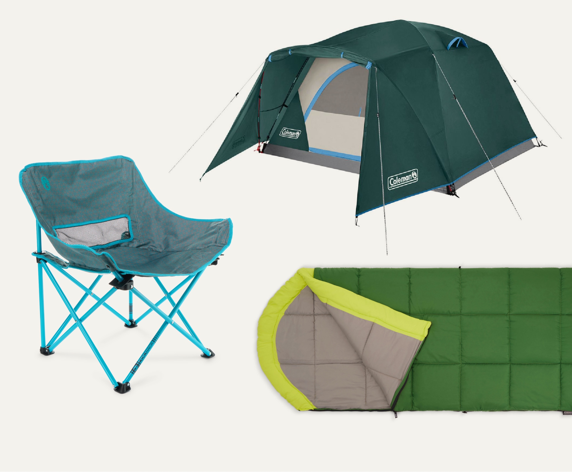 A tent, a camp chair, & a sleeping bag.