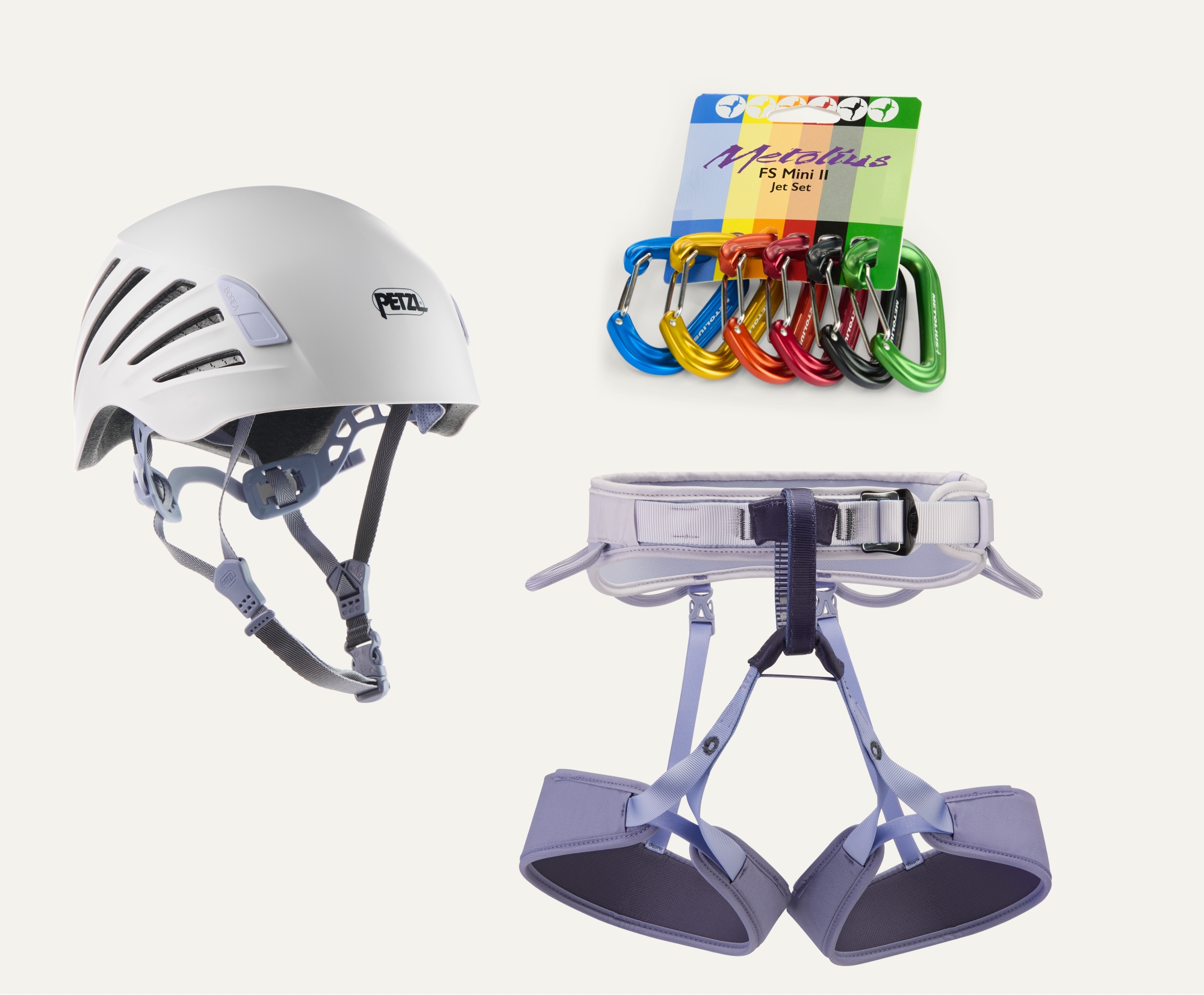 A climbing helmet, harness, & carabiners.