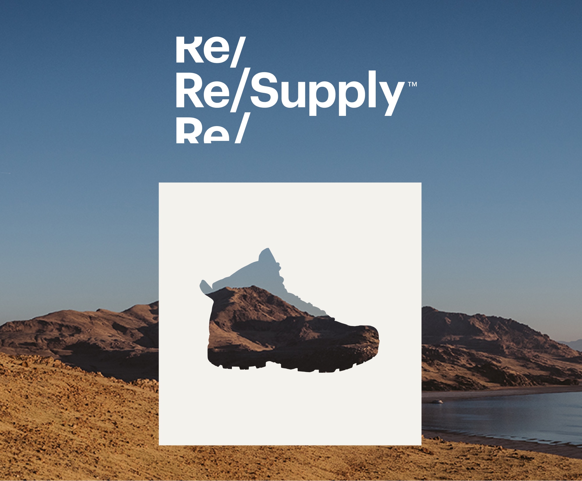 A silhouette of a hiking boot over an image of a lake.