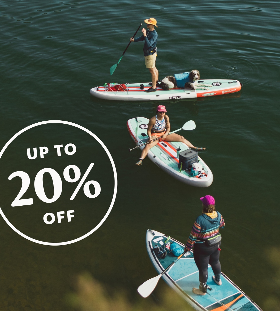 Up to 20% off. A group of people paddle boarding.