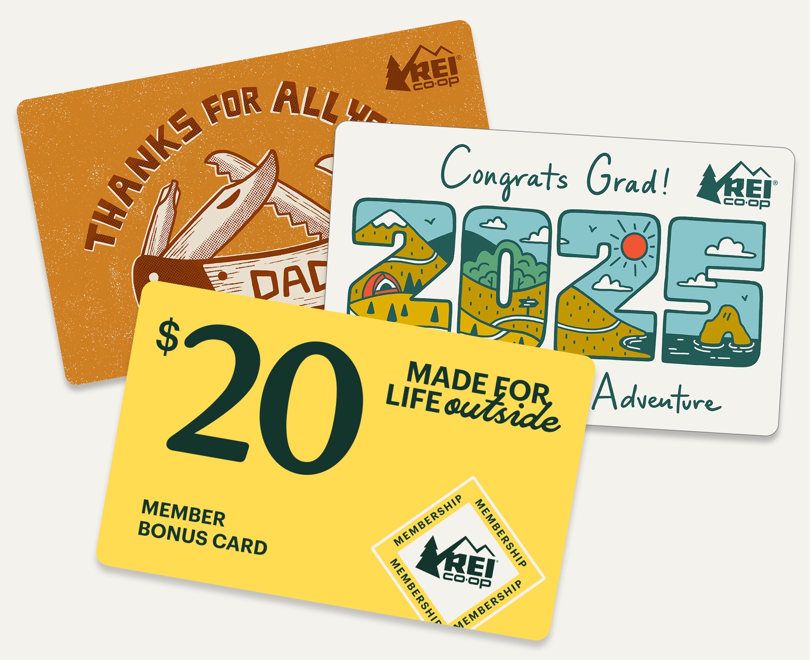 Two outdoor-themed gift cards and an R E I member bonus card