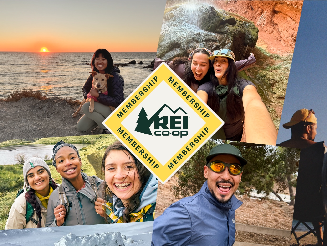 R E I Co-op membership. A collage of members enjoying the outdoors. 