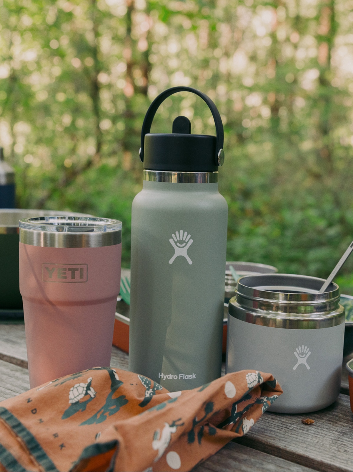 Stainless steel drinkware from Hydro Flask & YETI.