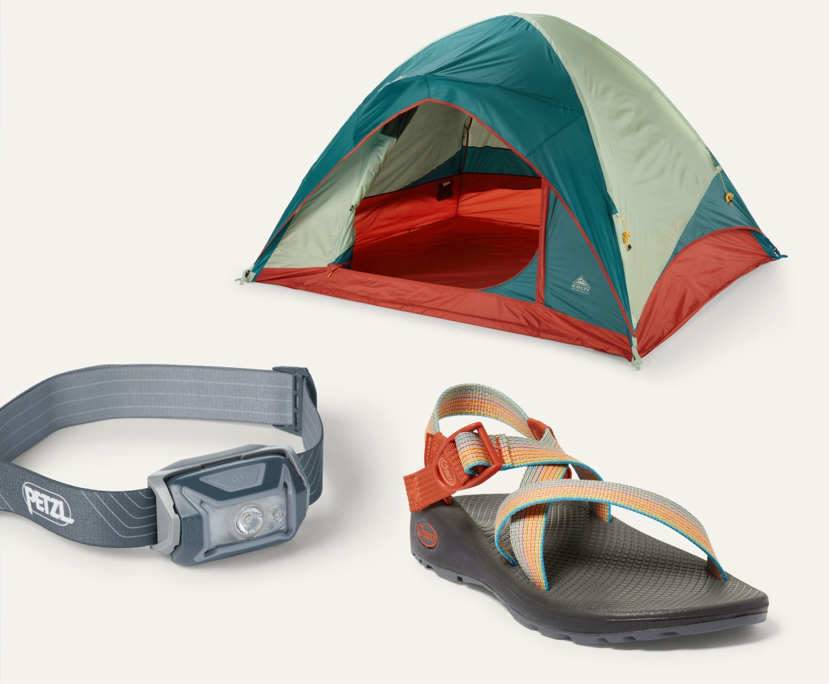 A Kelty tent, a Chaco sandal, & a Petzl headlamp.