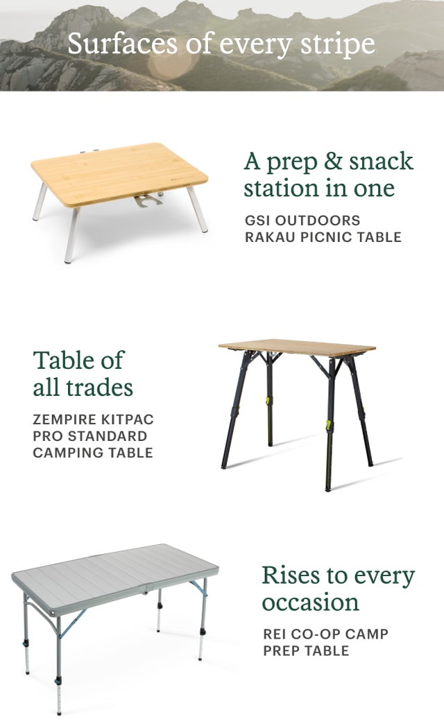 GSI Outdoors, Zempire, REI Co-op camping tables. Headline: Surfaces of every stripe