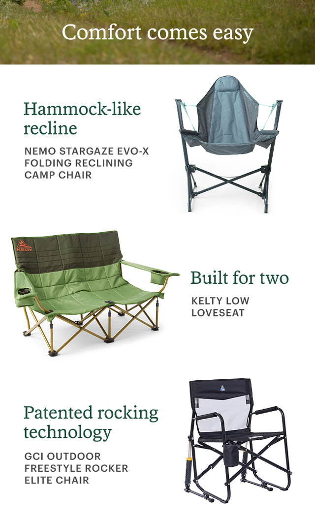 Camping chairs from NEMO, Kelty, GCI Outdoor. Headline: Comfort comes easy