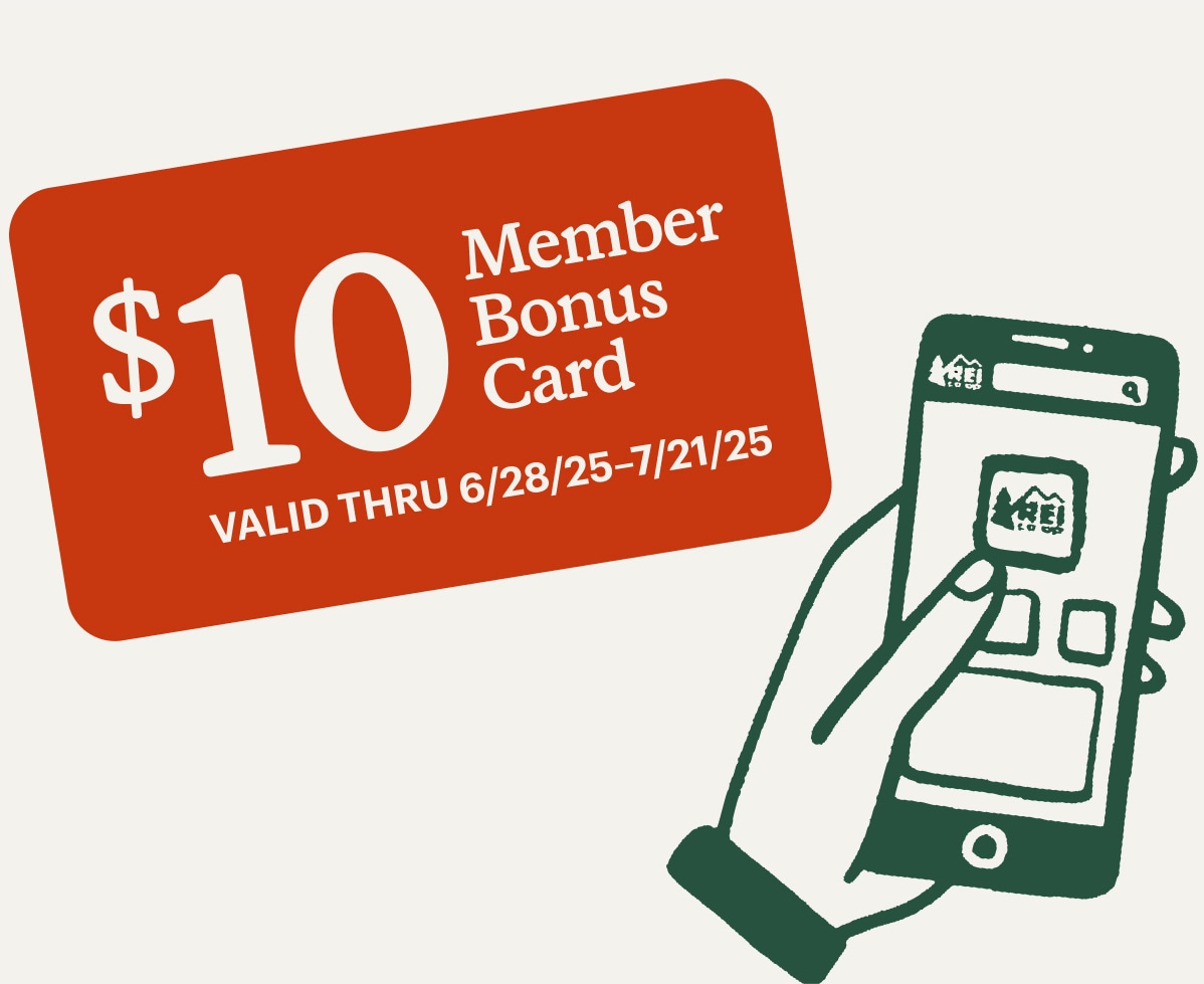 A $10 member bonus card. An illustration of a hand holding a phone with the R E I mobile app.
