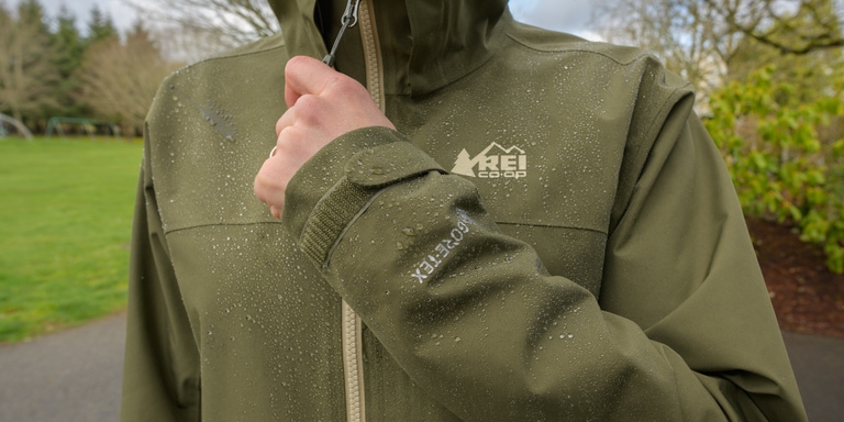 Raindrops roll of a waterproof rain jacket