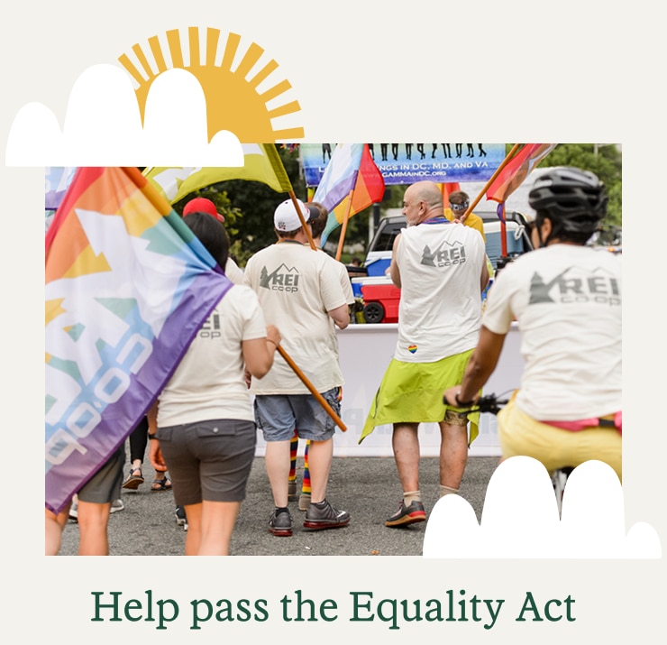 Group of people waving pride flags during parade. Headline: Help pass the Equality Act