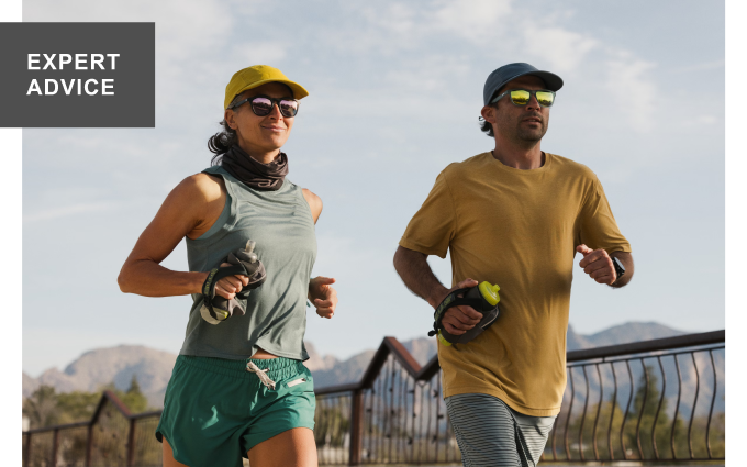 Two trail runners donning polarized sunglasses. Headline: EXPERT ADVICE