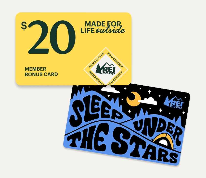 A $20 member bonus card & a gift card that reads ‘sleep under the stars.’