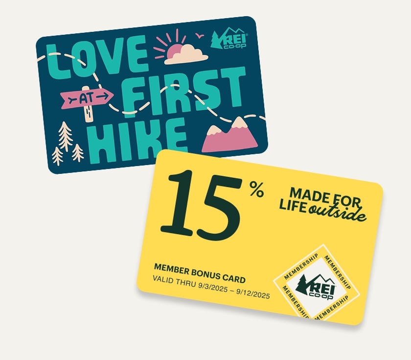 A 15% member bonus card and a gift card that reads ‘love at first hike.’