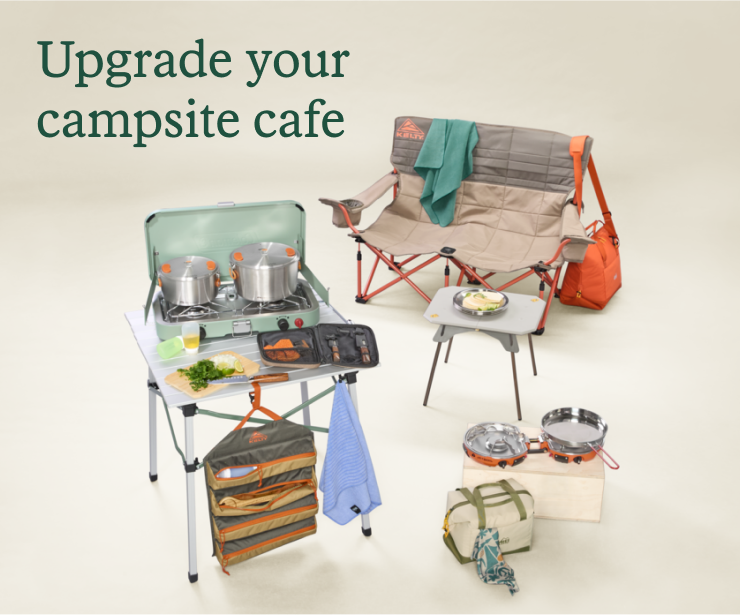Camp tables and camp chairs. Headline: Upgrade your campsite cafe