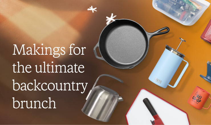 Collection of camp kitchen gear and accessories. Headline: Makings for the ultimate backcountry brunch