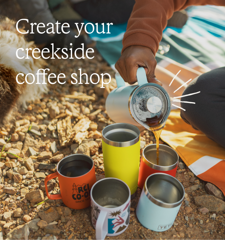Camp pours a pot of coffee into a bunch of different coffee mugs. Headline: Create your creekside coffee shop