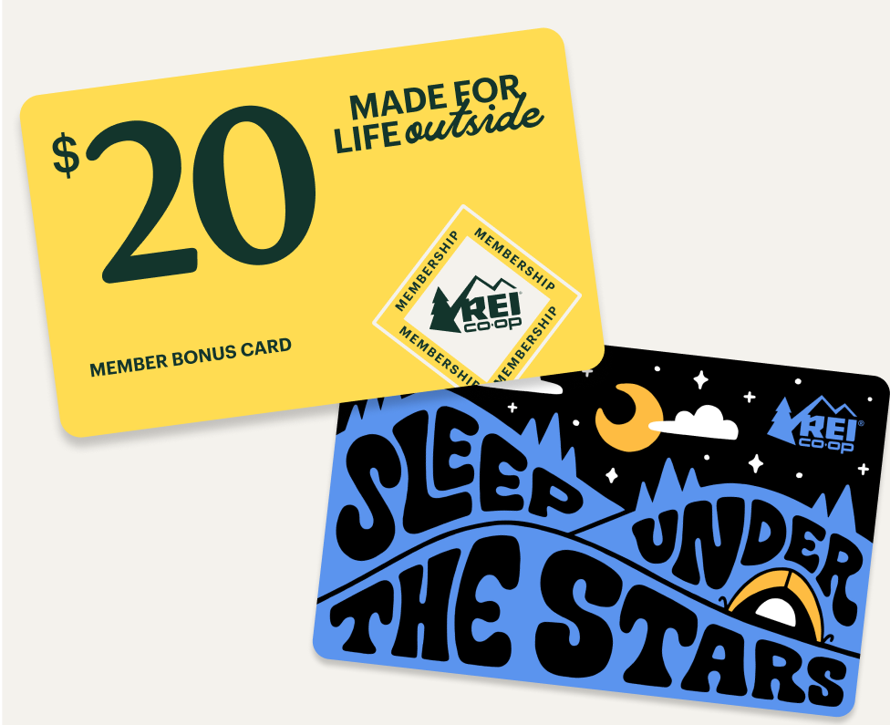 A $20 member bonus card & a gift card that reads ‘sleep under the stars.’