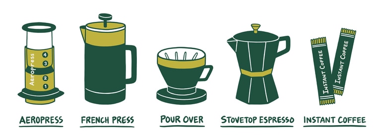 An illustration of a lineup of different camp coffee makers
