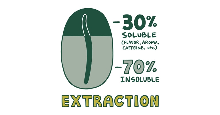 An illustration depicting the principle of coffee extraction, showing that 30% of a coffee bean can be dissolved in water