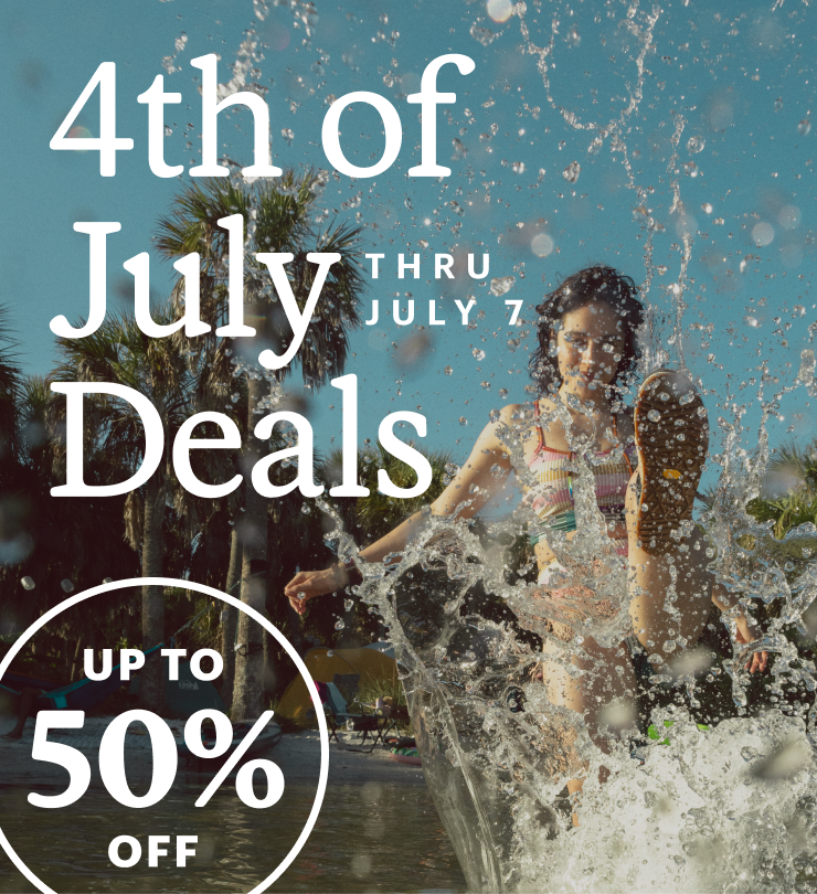 A person splashes the water with her foot. Headline: 4th of July Deals THRU JULY 7. UP TO 50% OFF