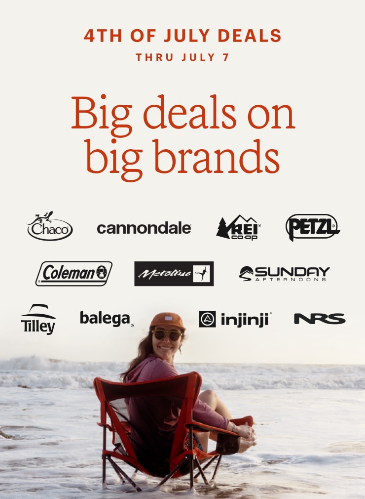 Brand logos, including those of Chaco, Cannondale, Petzl, Tilly and Balega. Headline: Big deals on big brands. 4TH OF JULY DEALS THRU JULY 7