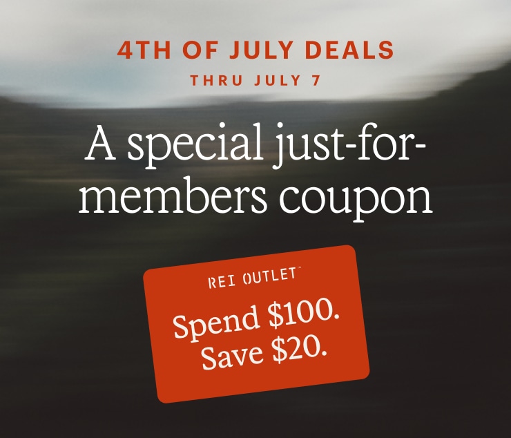 REI Outlet coupon for $20 off $100+ purchase. Headline: A special just-for-members coupon. 4TH OF JULY DEALS THRU JULY 7