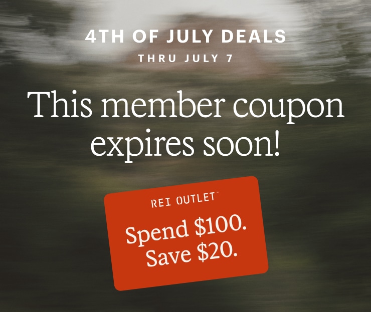 REI Outlet coupon for $20 off $100+ purchase. Headline: This member coupon expires soon! 4TH OF JULY DEALS THRU JULY 7