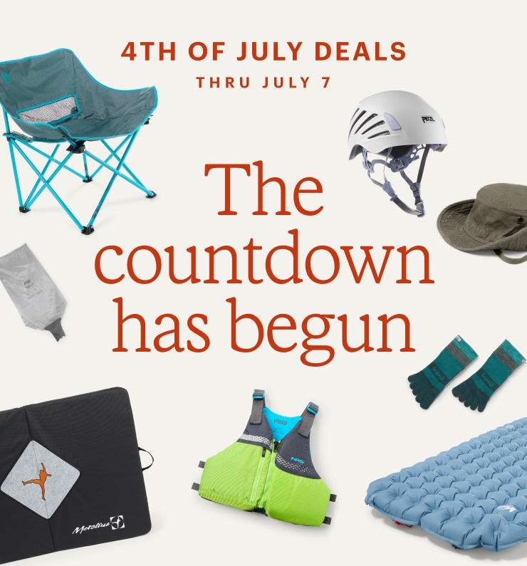 Gear on sale, including sleeping pads, camp chairs, PFDs and more. Headline: The countdown has begun. 4TH OF JULY DEALS THRU JULY 7