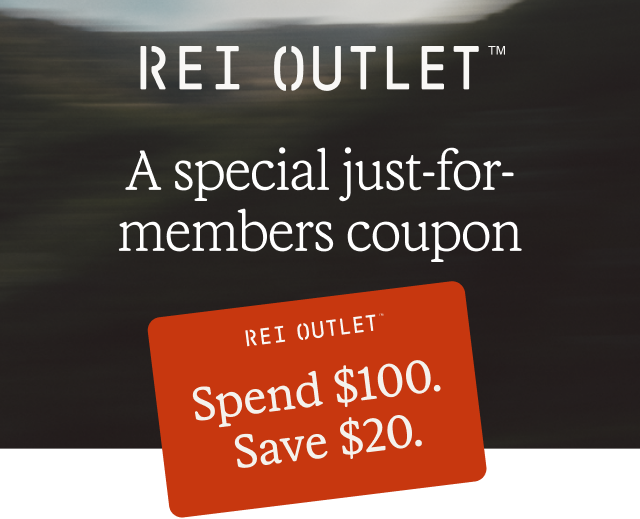 REI OUTLET. Coupon for $20 off. Headline: A special just-for-members coupon
