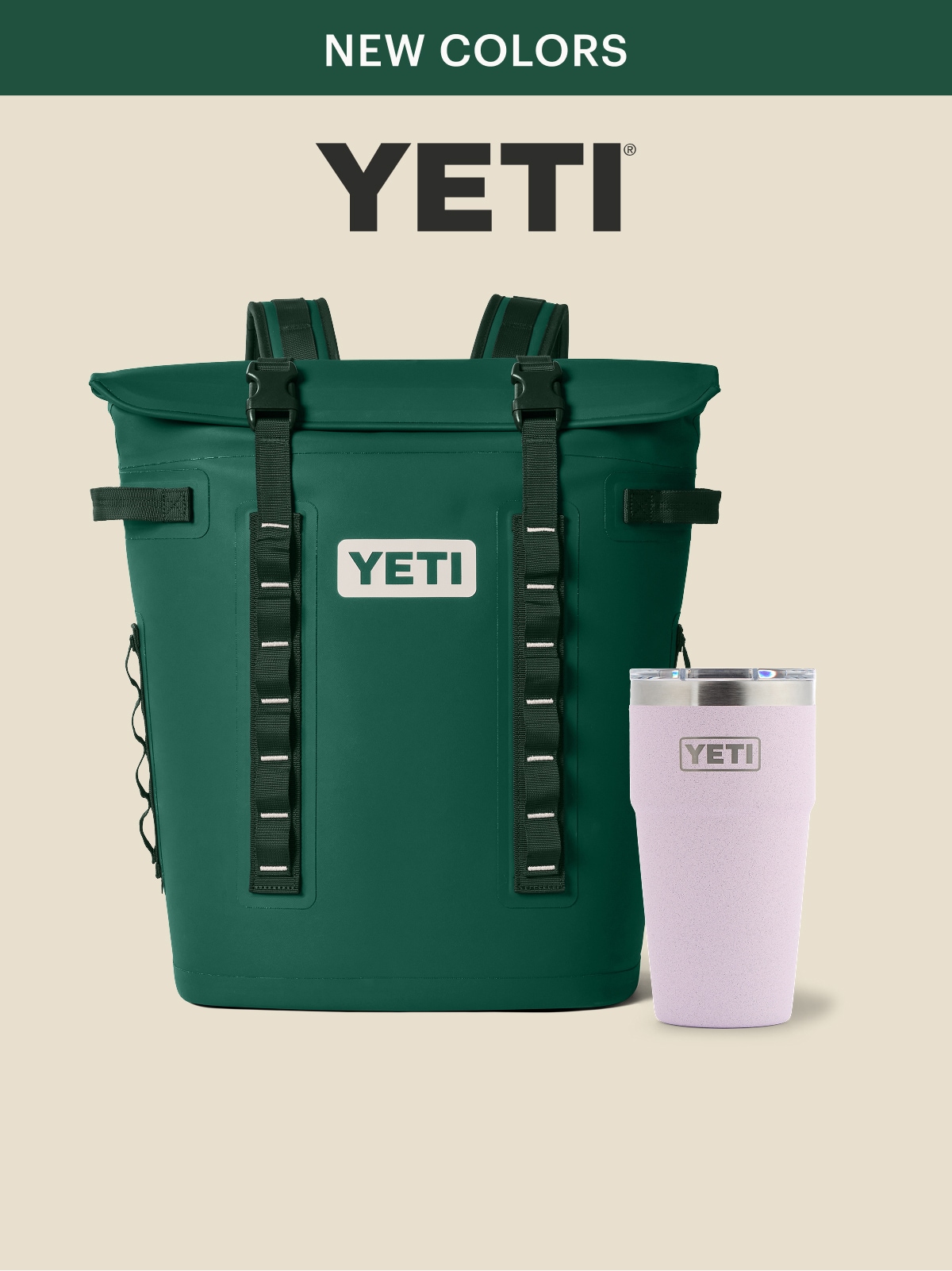 YETI. A green soft cooler backpack and a tumbler.
