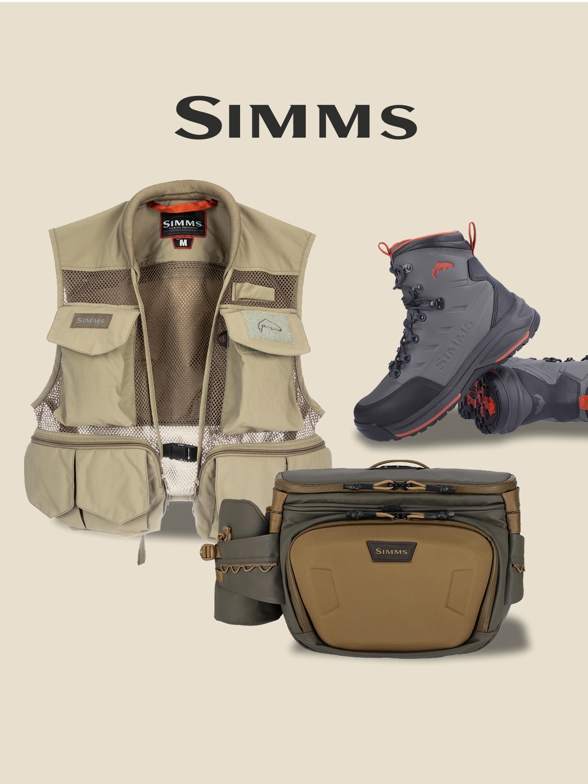 Simms. A collage of fishing gear and clothing.