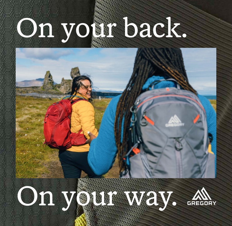 Gregory backpacks. Headine: On your back. On your way.