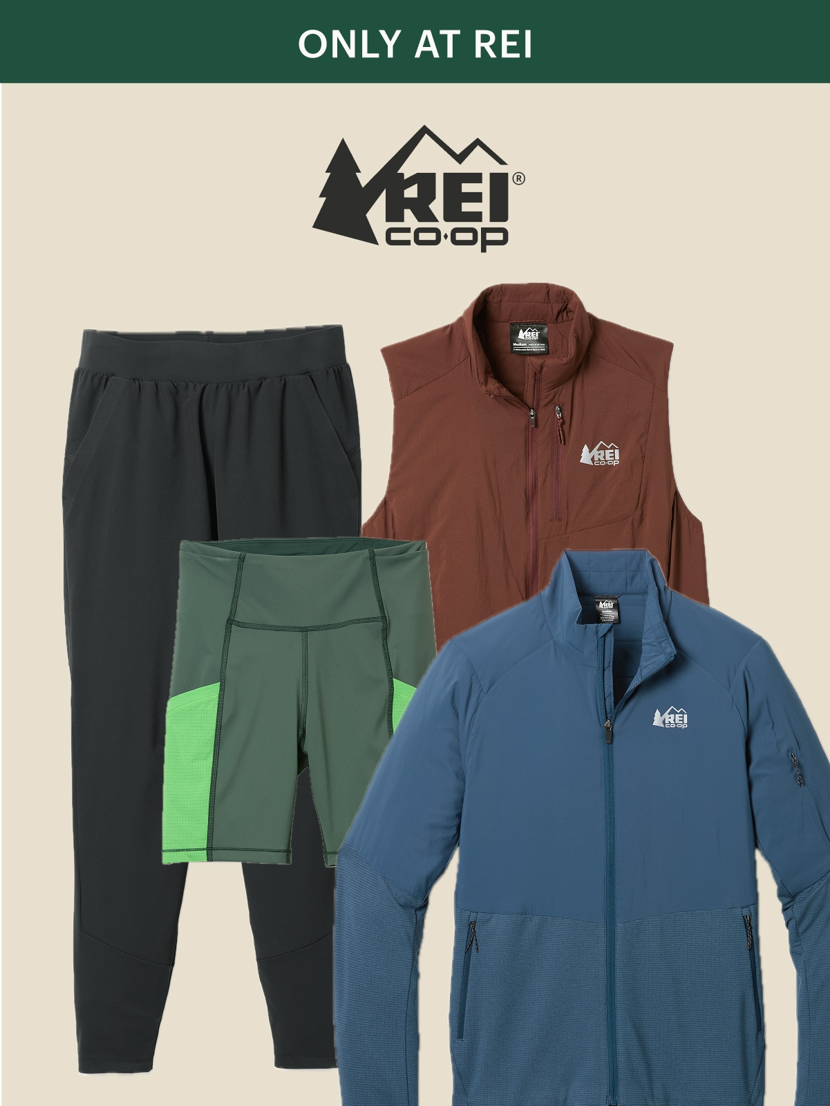 R E I Co-op. A collage of Swiftland clothing, only at R E I.