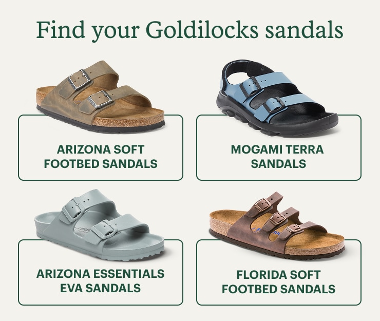 Array of Birkenstock sandal models. Headline: Find your Goldilocks sandals