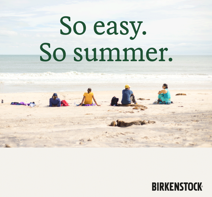 Collage of Birkenstocks overlay a photo of a beach. Headline: So easy. So summer.