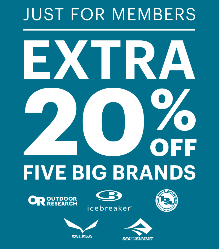 Outdoor Research logo. Icebreaker logo. Big Agnes logo. Salewa logo. Sea to Summit logo. Headline: JUST FOR MEMBERS. EXTRA 20% OFF FIVE BIG BRANDS