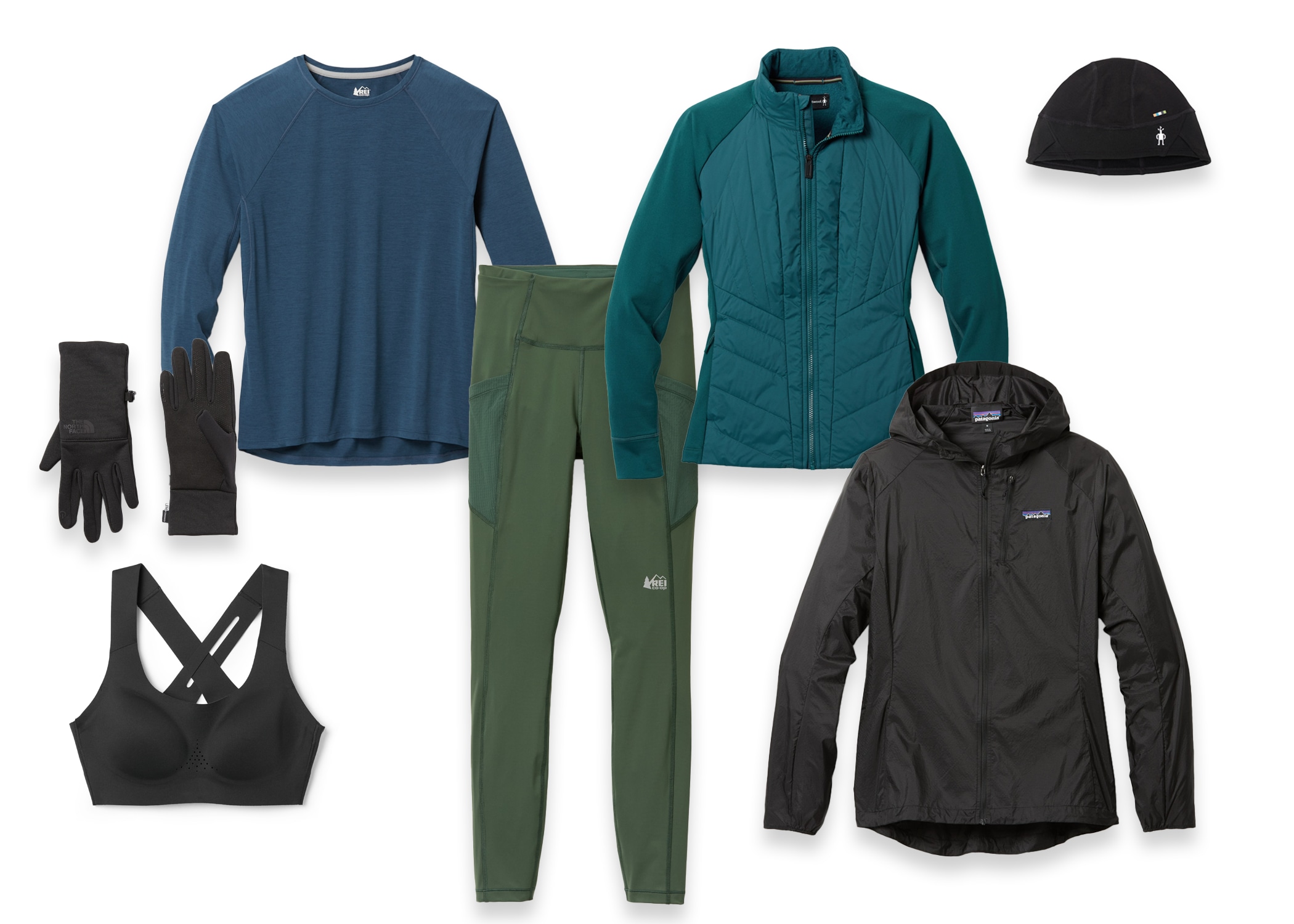 A layout of clothing you would wear for cold-weather running