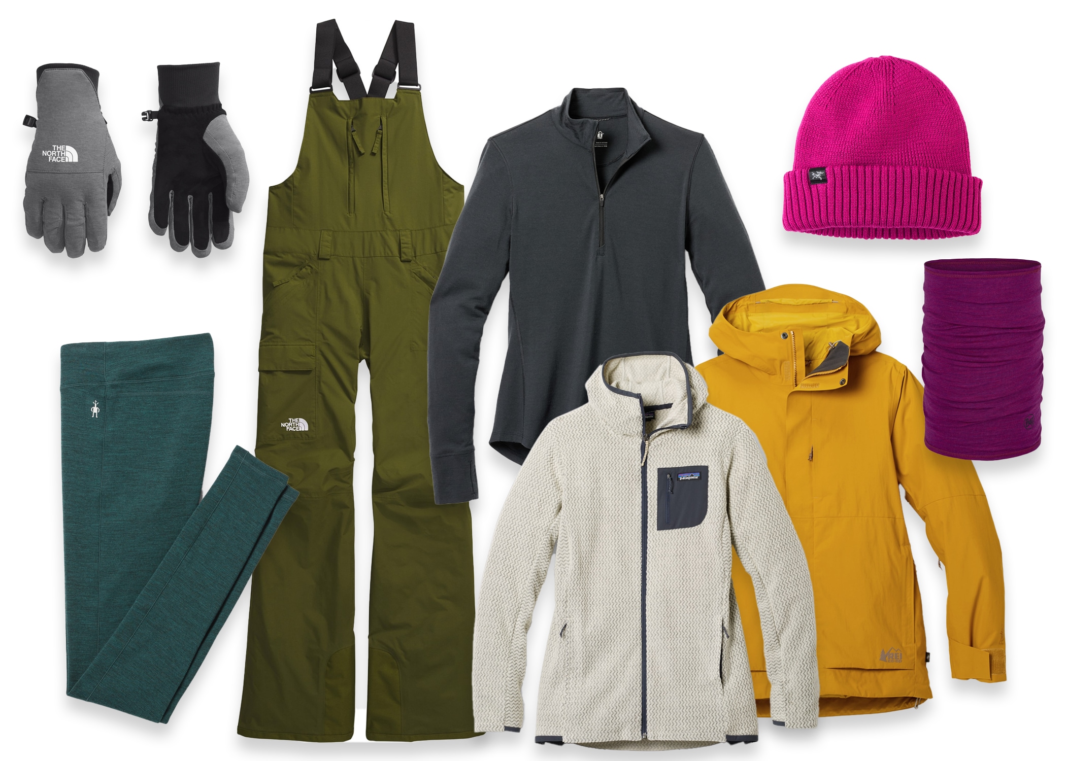 A photo layout of different layers to wear for skiing or snowboarding.
